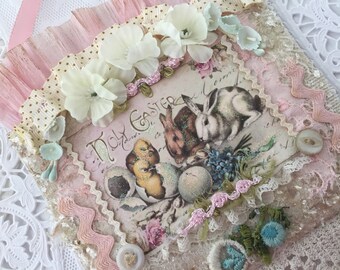 Vintage Easter Collage, Easter Decor, Shabby Bunny Gift, Easter Rabbit, Shabby Easter Gift, Vintage Wall Hanging