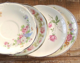 Shabby Rose Cottage Chic Mismatched Saucers Set of 4 Tea Party Wedding Cottage Chic Vintage Bridesmaid Inspired, Replacement China