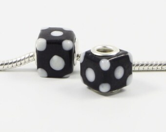 3 Beads - Black w White Dots Cube Lampwork Glass Silver European Bead Charm E0380