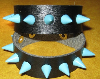 Leather Wristbands With Blue Studs