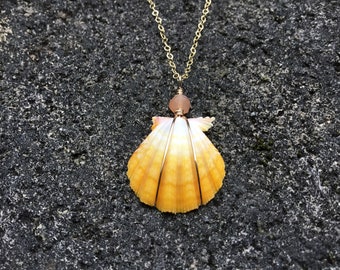 Hawaiian Sunrise Shell, Yellow, Pink, & White, Peach Moonstone Gemstone, 14k Gold Filled Wire Wrapped Necklace