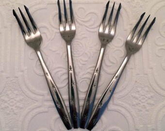 Midcentury Heavenly Star Stainless Steel Flatware Japan 4 Seafood Forks Atomic Stars