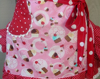 Womens Aprons - Pink Cherry Aprons - Cupcake and Cherries Aprons - Pink Cupcake Aprons - Annies Attic Aprons - Aprons with Cherry Fabrics