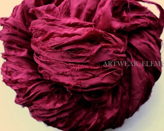 Pure Sari Silk, Dark Cherry Fuchsia, Fair Trade, 6 Yards, Textile Fiber, Yarn, Yarn, Ribbon, Silk Fabric, Green Silk, Artwear Elements, 151