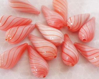 4 Hollow Lampwork Glass Beads Handblown Glass Drop Opaque White Red Size 33 x 14mm
