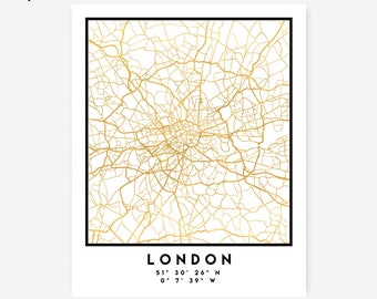 London Map Coordinates Print - United Kingdom City Street Map Art Poster, Gold London Map Print, London England Coordinates Gold Poster Map