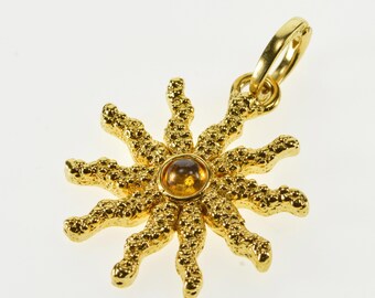14K Sim. Citrine Inset Stylized Textured Sun Burst Pendant Yellow Gold