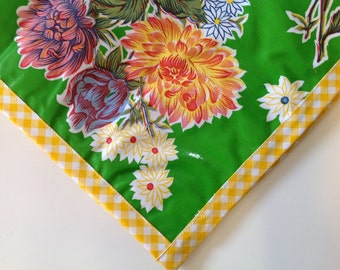 Square Mum Green with Yellow Gingham Trim Oilcloth Tablecloth