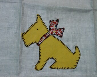 Vintage Kitchen Towel, Appliqued Scottie Dog with Bow, Red Stripe Toweling, Unused, Darling