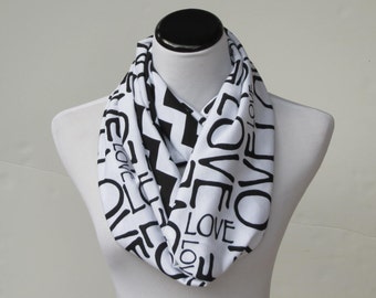 Black and white Valentine's day scarf infinity scarf love letters chevron scarf, reversible scarf Valentine's day gift for women & teen girl