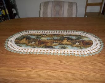 Hunting Dogs Table Runner Crocheted Fabric Center Crocheted Edging Dresser Scarf Table Topper