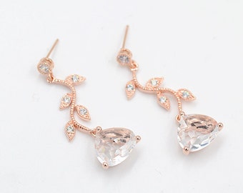 Rose gold bridal earring, Cubic Zirconia Bridal Earrings CZ vine, cz Bridal Earrings, Rose gold Earring, French jewelry, Vine bridal earring