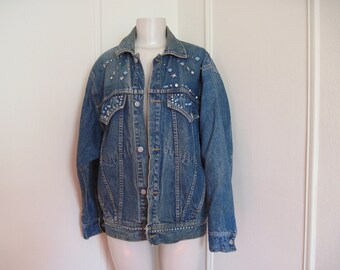 heehaw & rock n roll, vintage 1980s Turquoise Studded Jean Jacket - oversized, slouchy denim coat
