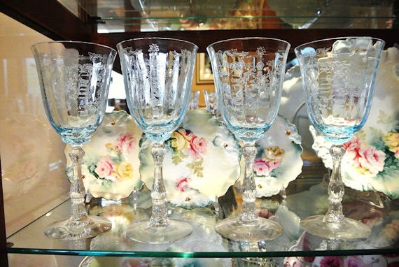 Blue Fostoria Azure Navarre / Water Goblets / Elegant Glassware
