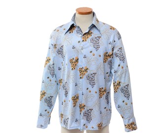 Vintage 70s Grape Vines Disco Shirt 1970s Grape Leaves Graphic Print Boogie Fever Polyester Pimp Dance Party Shirt / mens L