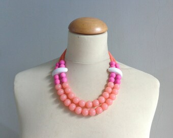 Pink white chunky necklace, modern tribal statement necklace, multi strand, summer necklace