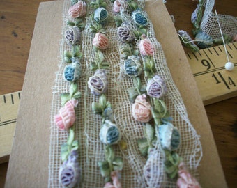 rare antique authentic ribbon work silk ruffled unusual Garland
