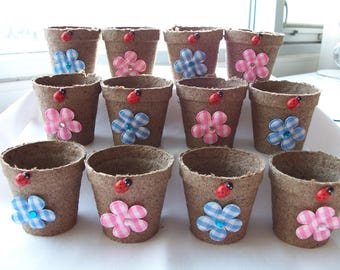 12 Mini pink/blue daisy ladybug favour pots - baby shower party favours - garden partypots - ladybug/flower daisy favours - mini daisy pots