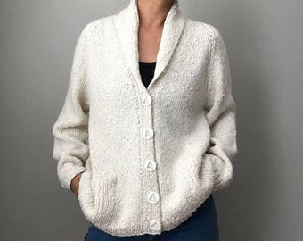 Vintage, 1980's, Super Soft, Off-White, Relaxed Fit, Button Up, Button Down, Collared, Knit, Sweater, Cardigan