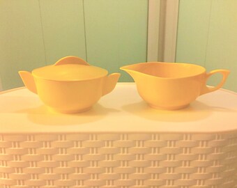 Vintage Melmac Sugar and Creamer Set by Miramar, Yellow #106 & #107, Melamine, Mid Century Plastic