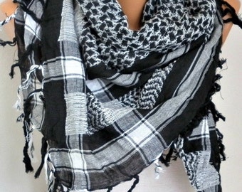 Cotton Tartan Tassel Square Scarf,Fall Winter Scarf, Shawl Plaid Oversize Cowl Bohemian Gift Ideas For Her Women Fashion Accessories
