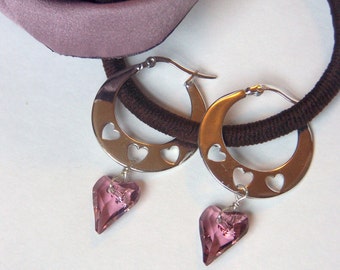 Silver Plated Hoop Earrings with Swarovski Heart Shaped Amethyst Crystal Dangle and Hearts Punched out from Flattened Hoop