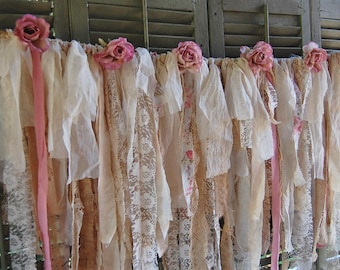 Rustic Lace Garland, Wedding Garland, Shabby Chic, Boho Decor, Lace, Ivory, Pink, Burlap, Roses, Banner, Nursery, Tattered, Photo Backdrop