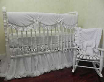 Baby Girl Crib Bedding Set Giselle White - White Baby Bedding, Princess Baby Bedding, Bumperless Crib Bedding, Crib Rail Cover, 1 - 4 pieces