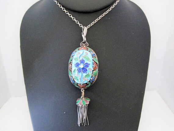 China Silver Pendant Necklace, Sterling Pendant and Chain, Chinese Export, Blue Cloisonné Enamel, Tassel Enhanced, Signed at Base