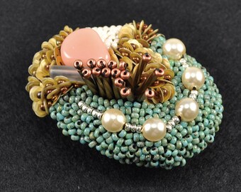 circle beads brooch, statement brooch, green and gold brooch, oval brooch, sparkly brooch, embroidered brooch, art brooch, cool brooch No.1