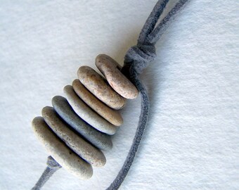 Beach Rock Cairn Necklace - Beach Pebble Necklace - Beach Stone Cairn Necklace with gray or tan faux vegan leather cord