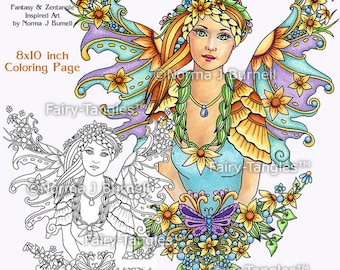 Sunflower Fairy Printable Coloring book Sheets and Pages by Norma J Burnell Fairies to color Coloring for Adults and Digital Coloring files