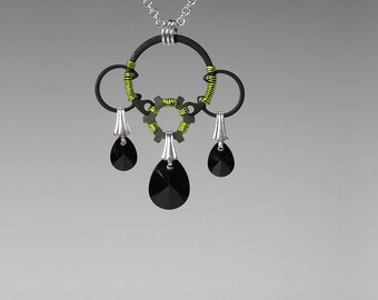 Black Swarovski Crystal Pendant, Peridot Wire Wrapping, Swarovski Necklace, Jet Swarovski Crystal, Industrial Jewelry, Dysnomia v4