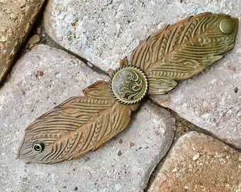 Handmade, Feather Leather Cuff, Turquoise Dyed, Chestnut Stained, Embossed