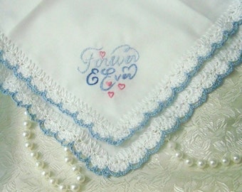 Bridal Handkerchief, Wedding Hanky, Bouquet wrap, Something blue, Forever and Ever, Hand Crochet, Blue Hanky, Personalized, Ready to ship