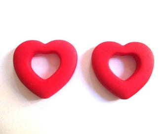 2 beads neon red heart acrylic rubberized 27x25mm