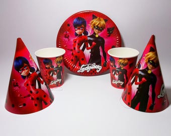 Miraculous Ladybug paper tableware. Ladybug Paper plates, cups, party hats for children's party, birthday or holiday. Lady Bug party.