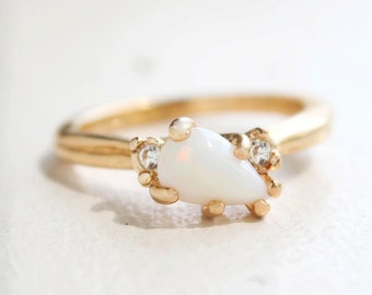 Vintage Genuine Opal Ring Clear Swarovski Crystals 18k Yellow Gold Electroplated Band October Birthstone Made in USA #R1453