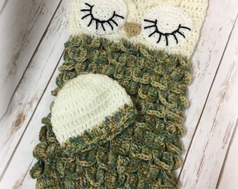 Crochet Owl Cocoon and Hat, Owl Cocoon, Owl Hat, Crochet Cocoon, Baby Cocoon, Crochet, Handmade, Baby Owl Cocoon, Baby Owl Hat, Sleepy Owl,