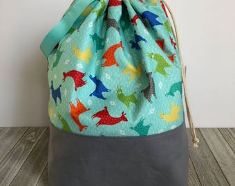 X-Large Turquoise Llama Drawstring Bag | Project Bag | Knitting Bag