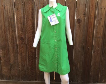 Vintage NOS Deadstock Tags 60's Shift Dress Mod Green Novelty Anchor Scooter M L