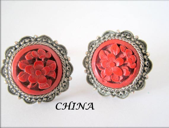 China Silver Earrings, Carved Cinnabar, Art Deco Chinese Export, Screw Back
