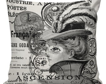 Steampunk Pillow Cover Cotton Canvas Throw Pillow 18 inch square French Gear Girl #UE0052