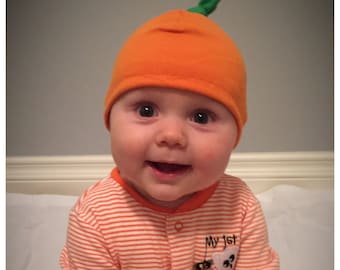Pumpkin top knot baby hat, knit cotton halloween cap, hospital