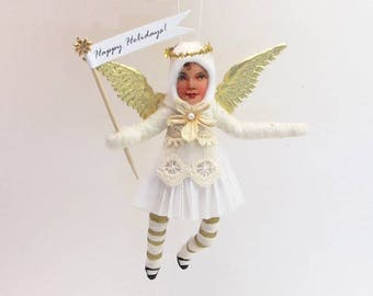 Vintage Inspired Spun Cotton Golden Angel Ornament (MADE TO ORDER)