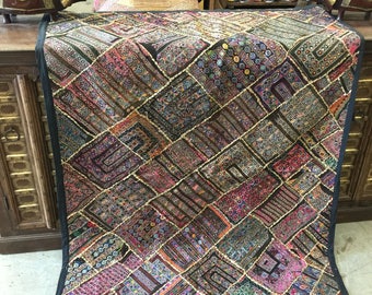Antique Vintage Original Zardozi Beaded Hand Crafted Tapestry RUG colorful Embroidered  Boho Wall Hanging Decor FREE SHIP