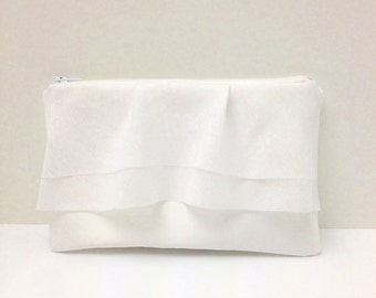 Bridal Clutch Purse Sheer Ruffle Bridesmaid Wristlet White Satin