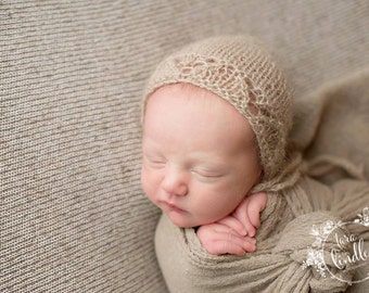 Newborn Bonnet ,Baby bonnet ,Newborn Knit Beige Hat , Baby Mohair Hat