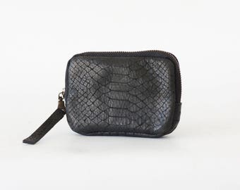 Zipper case black snakeskin leather, coin purse zip phone case money bag credit card purse zip purse - The Myrto Zipper pouch