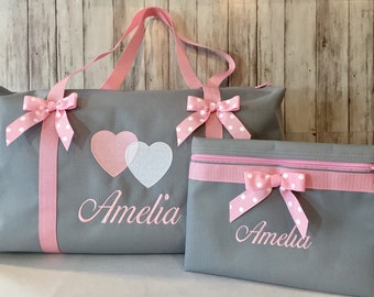 Girls Duffle Bag/ Personalized embroidered Gray duffle bag-pink straps and bows/Three sizes/ bag for camp/ballet/travel/ Valentine Gift